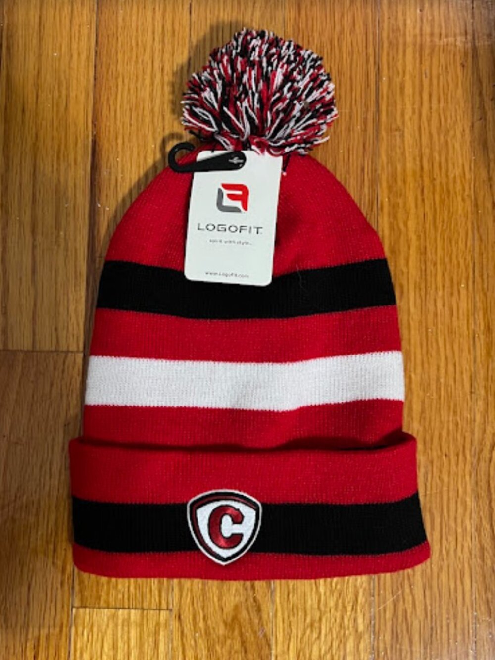 NWT Logo Fit Carthage College Striped Pom Beanie Hat, Red/White/Black - OSFM